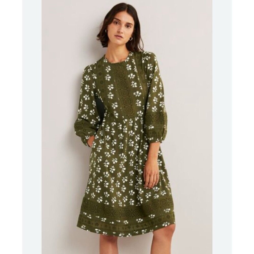 Boden Olive Green Long Sleeve Floral Midi Dress with White Print - Picture 2 of 14